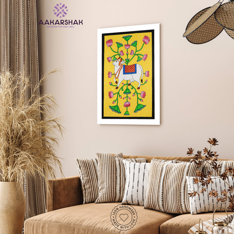 Handmade Pichwai Cow Painting Framed 17x24 Inch Wall Art