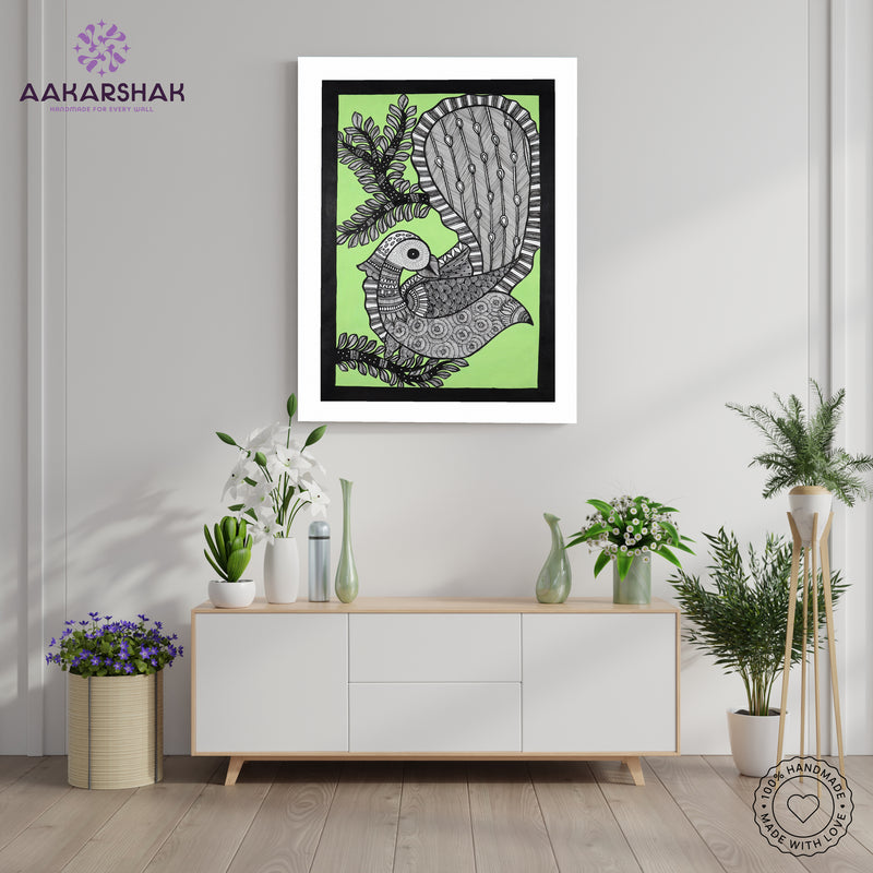 Handmade Madhubani art Peacock Painting Framed Indian Wall Decor 17x24 Inch