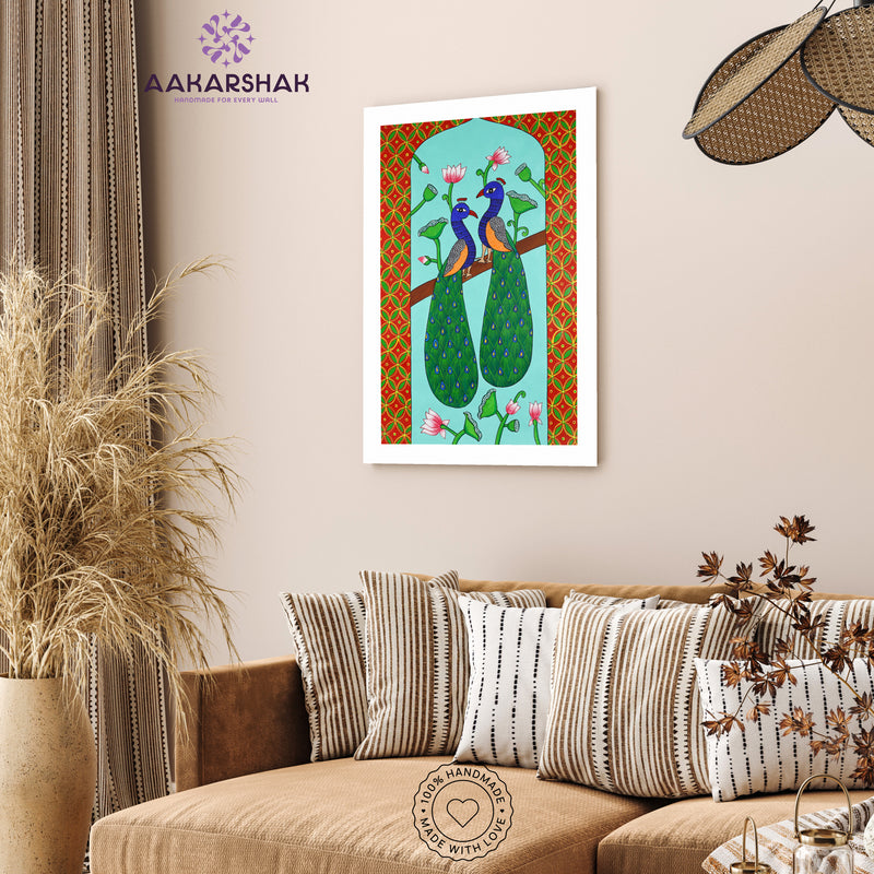 Handmade Pichwai Peacock Painting Framed 17x24 Inch Wall Art
