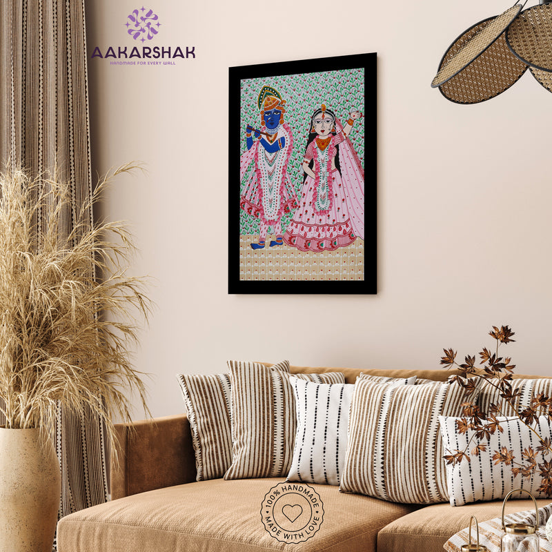 Handmade Pichwai Radha Krishna Painting Framed 17x24 Inch Wall Art