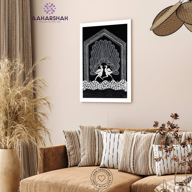 Handmade Warli Peacock Painting 17x24 Inch Framed Tribal Art