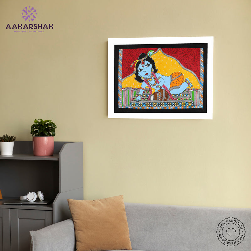 Handmade Madhubani art Baal Krishna Painting Wall Decor 17x24 Inch