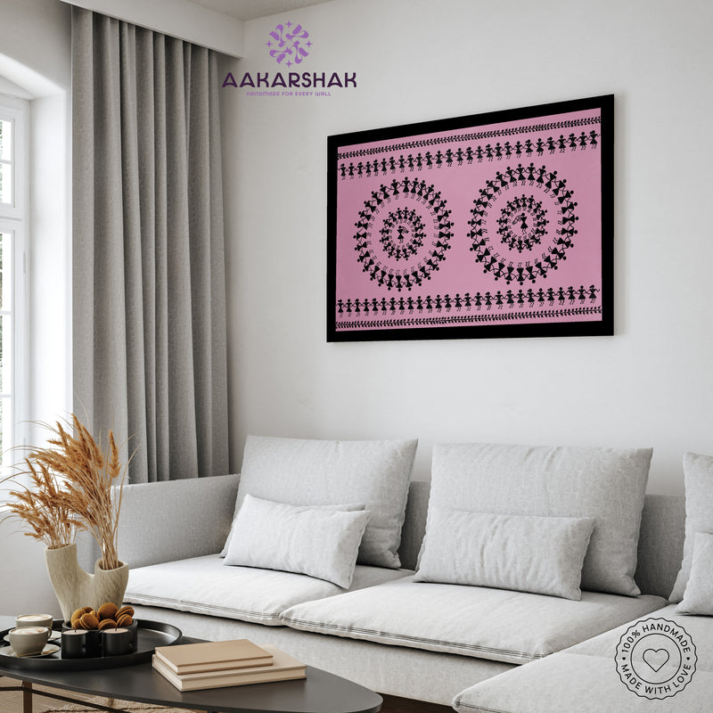 Handmade Warli Dancing Painting 17x24 Inch Framed Tribal Art