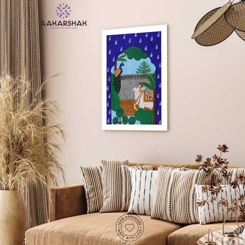 Handmade Pichwai Cow Peacock Jharokha Painting Framed 17x24 Inch Wall Art