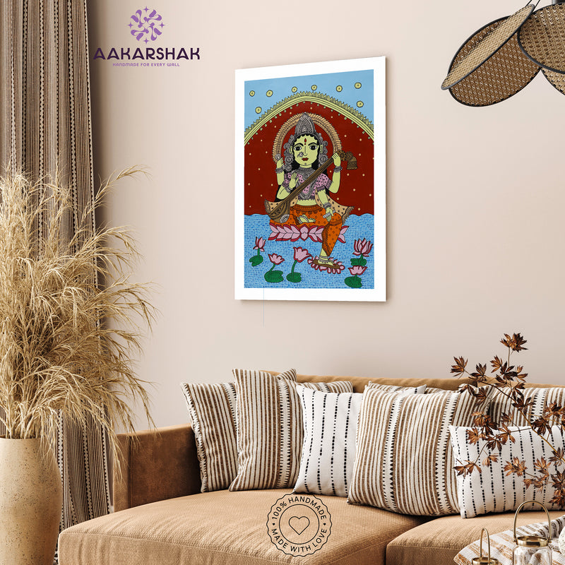Handmade Kalamkari Saraswati Painting 17x24 Inch Wall Art