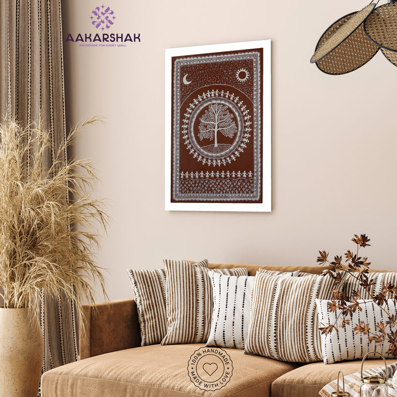 Handmade Warli Tree Painting 17x24 Inch Framed Tribal Art
