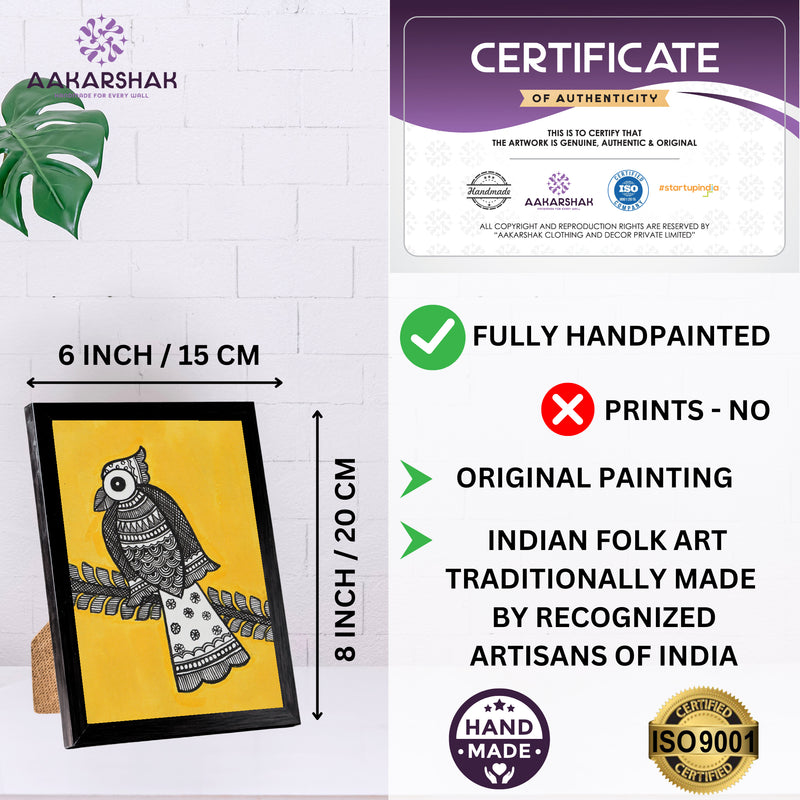 Handmade Madhubani Peacock Painting 6x8 Inch Framed Indian Wall Decor