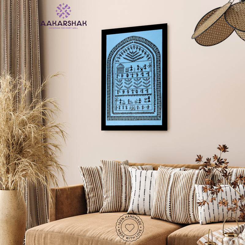 Handmade Warli Village Painting 17x24 Inch Framed Tribal Art