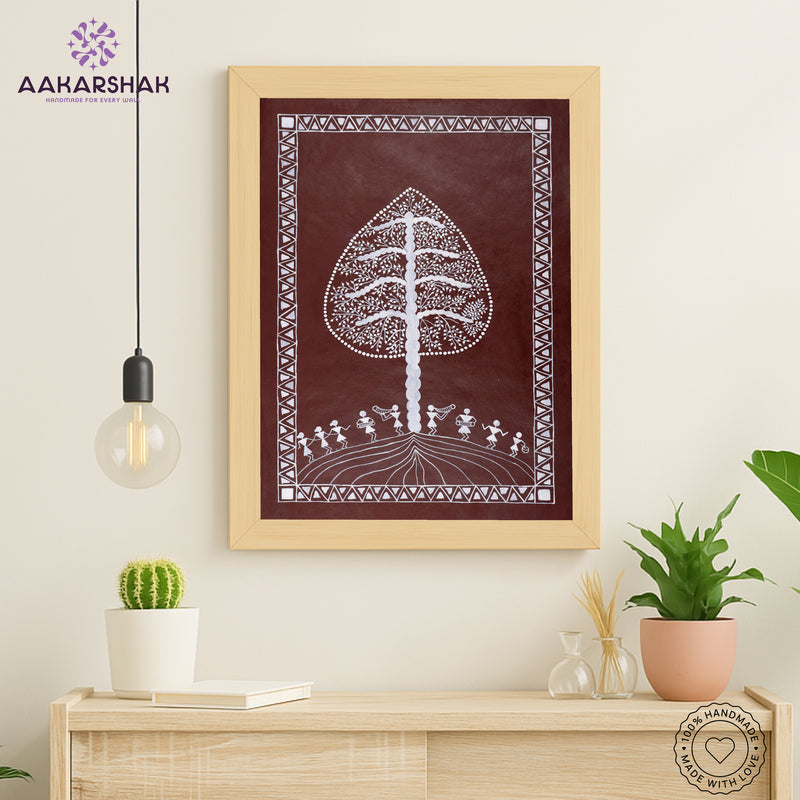 Handmade Warli Tree Painting 17x24 Inch Framed Tribal Art