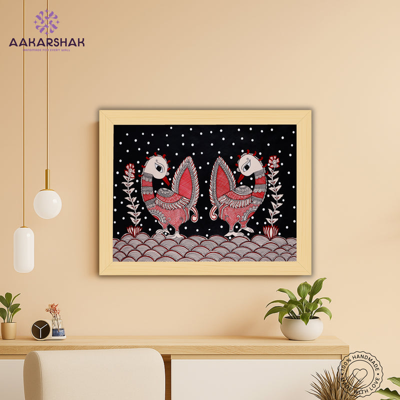 Framed artwork with peacock design on a black background-handmade kalamkari painting for home decor