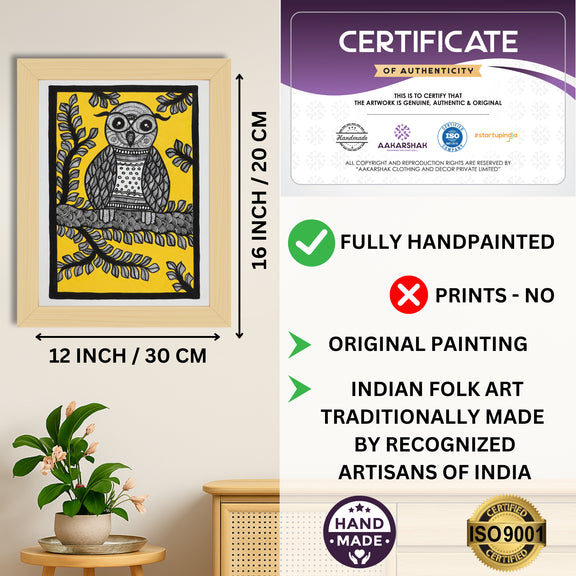 Framed artwork with dimensions, authenticity certificate and handmade iso certified-owl madhubani painting