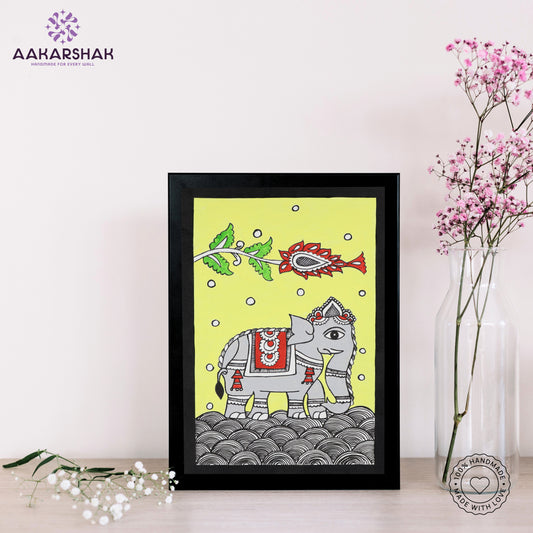 Image Handmade Kalamkari Elephant Painting – Framed 8x12 Inch Wall Art