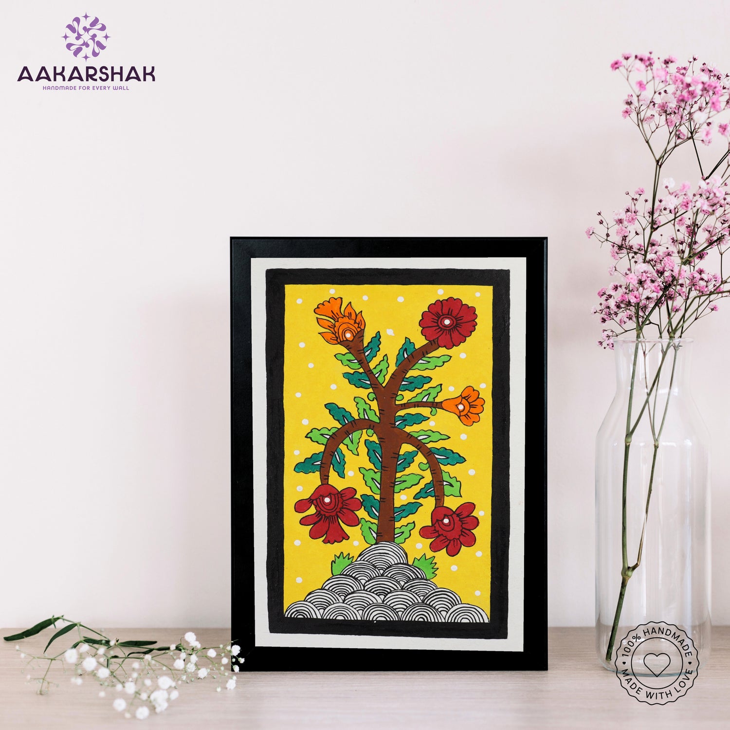 Detailed brushwork and natural dyes in authentic Kalamkari painting on cotton fabric
