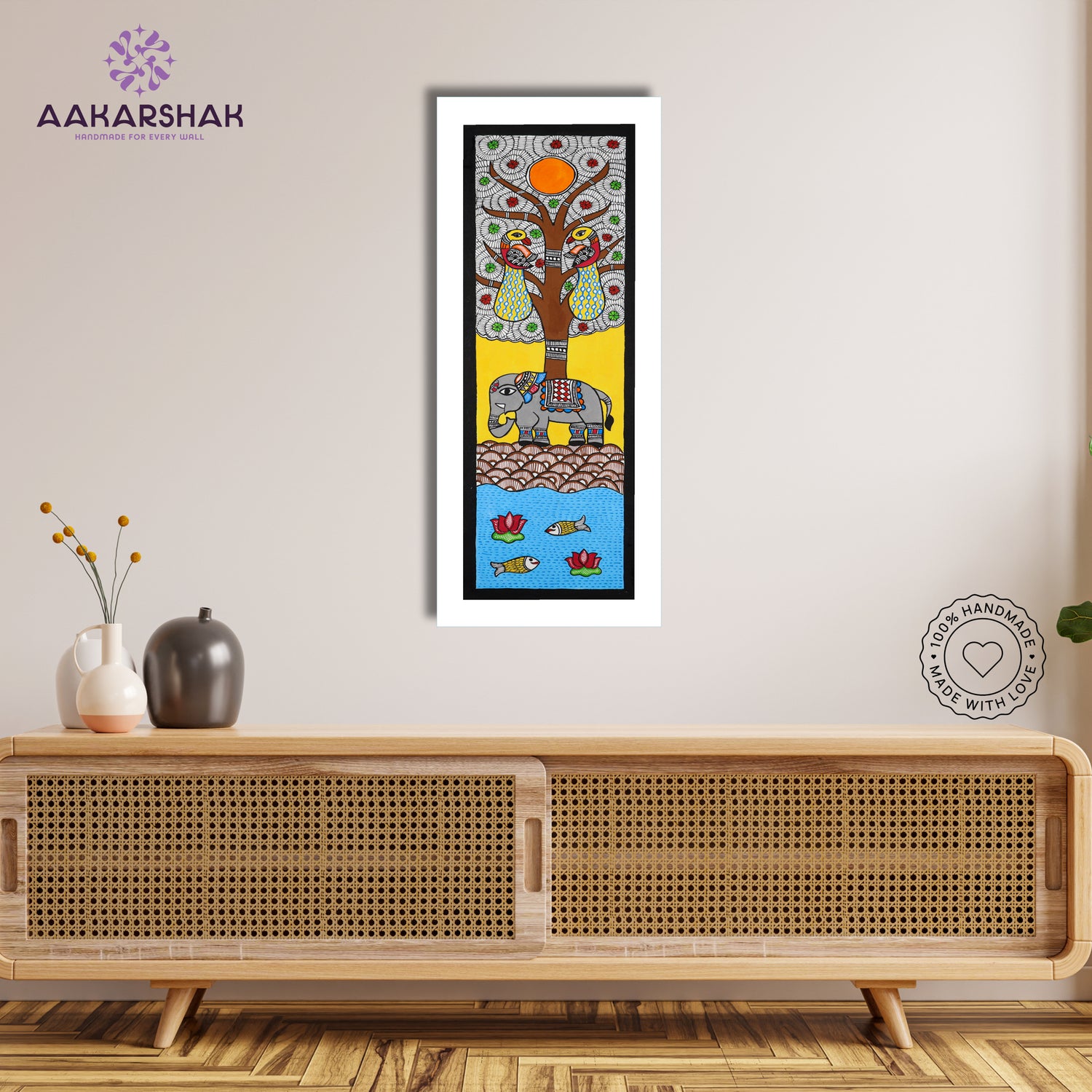 Framed artwork with buddha design -handmade madhubani painting for home decor