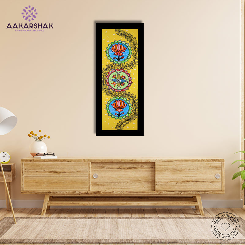 Framed artwork with lotus design -handmade madhubani painting for home decor