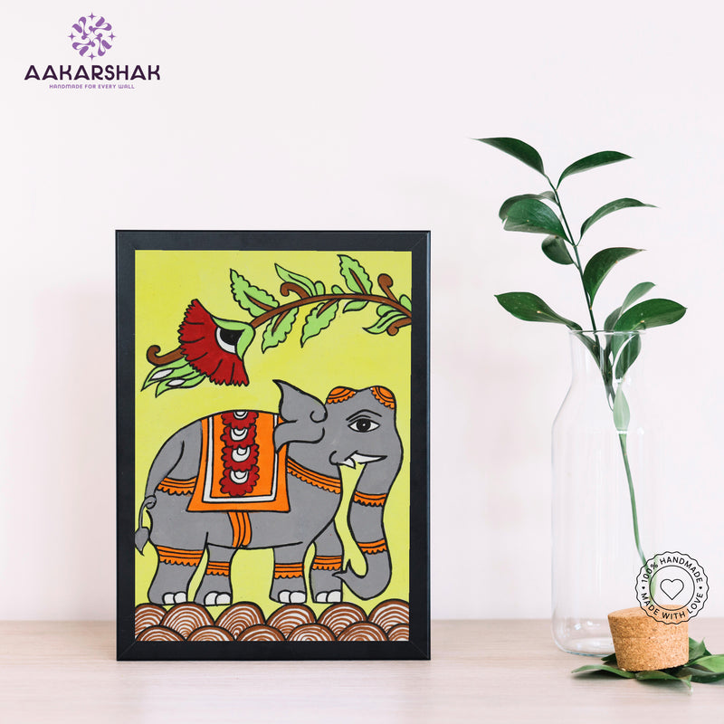 Handmade Kalamkari Elephant Painting – Framed 6x8 Inch Wall Art