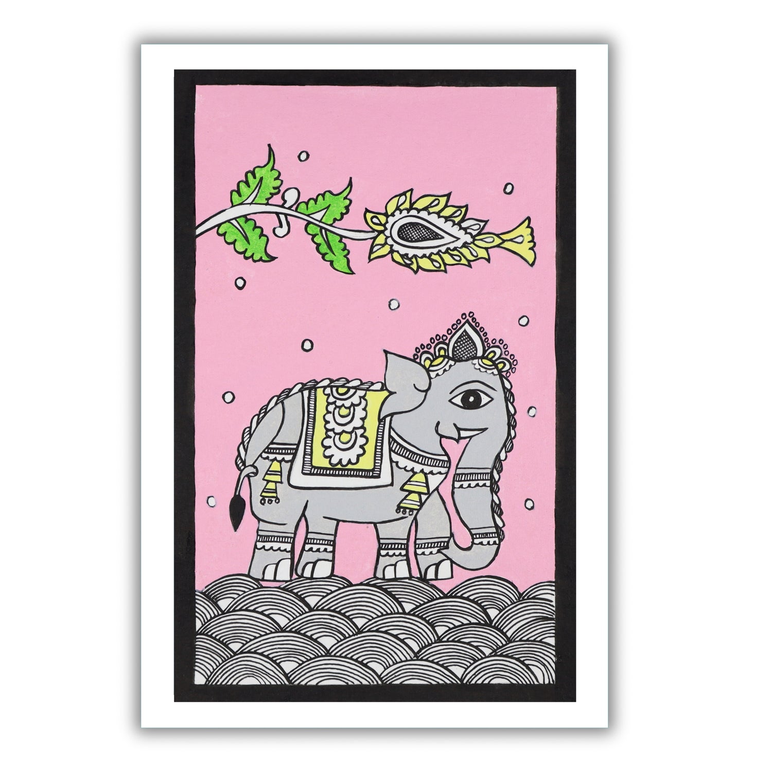 Handmade Kalamkari painting with elephant motif, framed for wall decor – traditional Indian folk art
