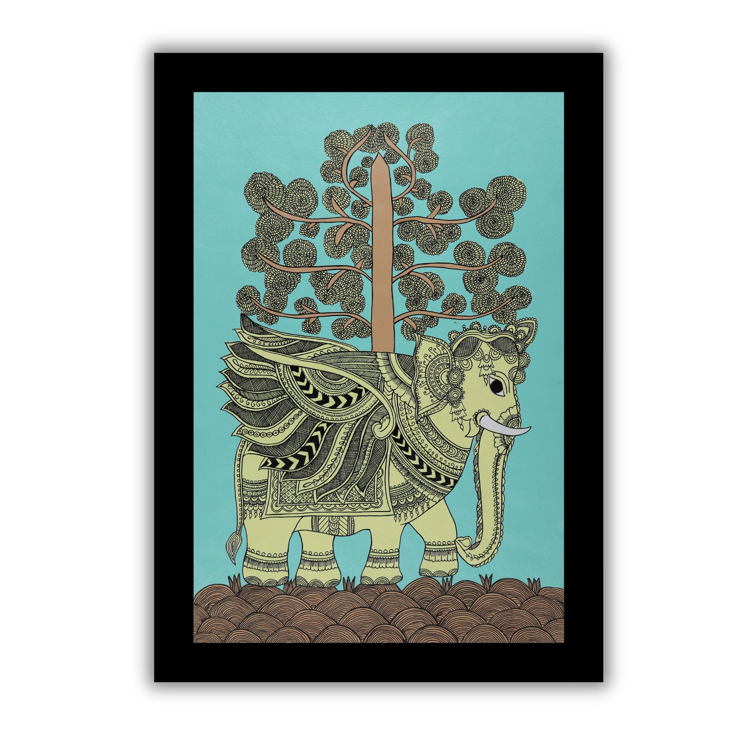 Handmade Kalamkari Elephant Painting Framed 17x24 Inch Wall Art