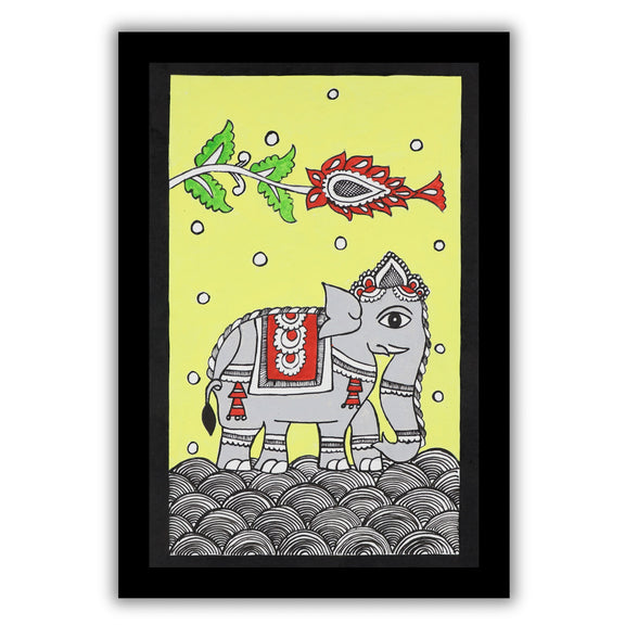 Handmade Kalamkari painting with elephant motif, framed for wall decor – traditional Indian folk art
