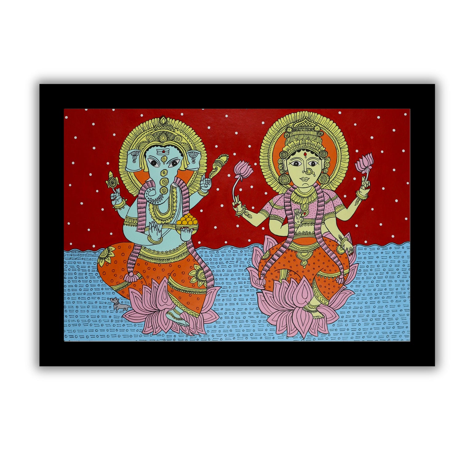Handmade Kalamkari Ganesh and Laxmi Painting 17x24 Inch Wall Art