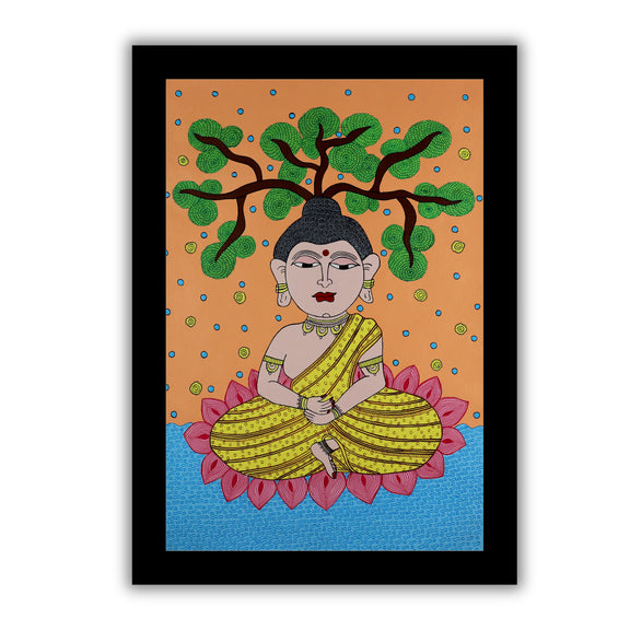 Framed artwork of a colorful buddha ji -with handmade kalamkari painting 