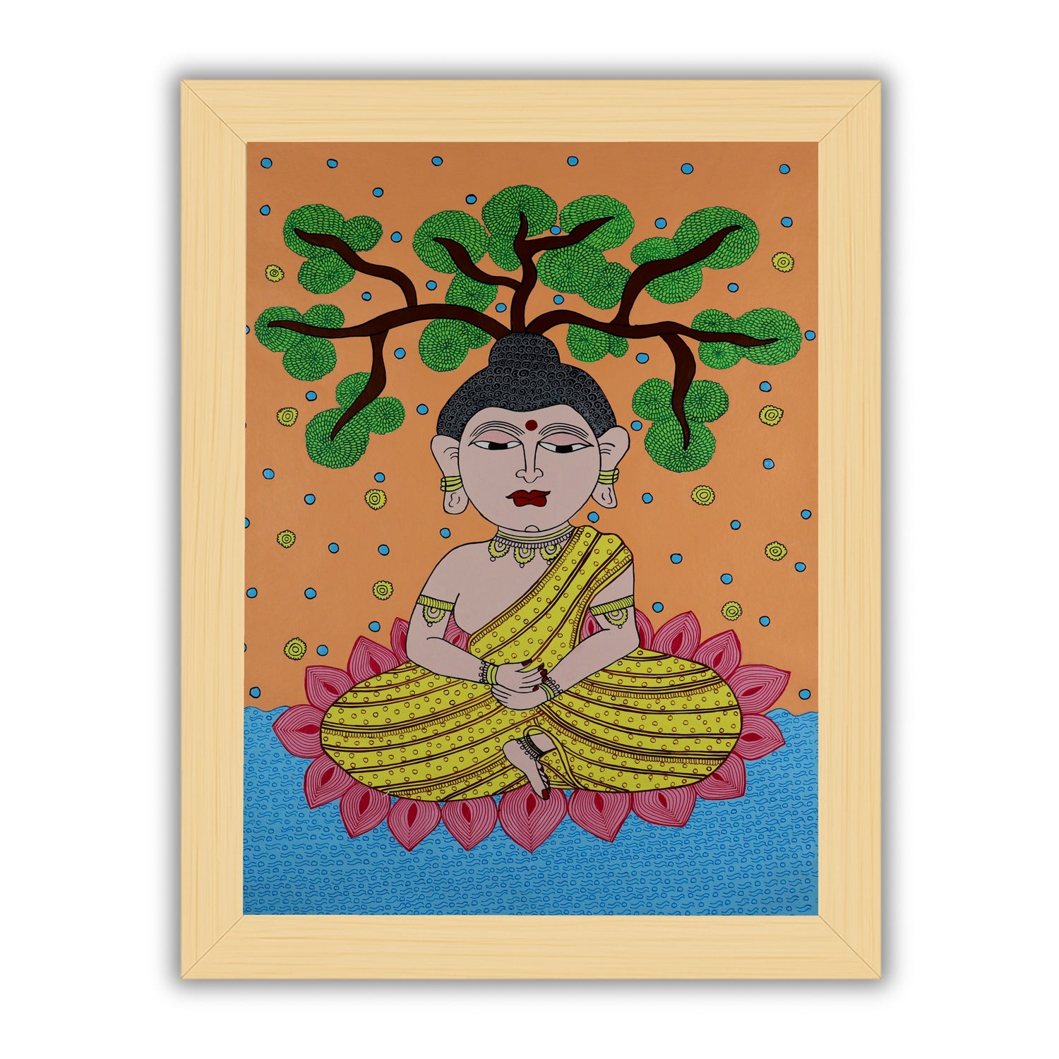 Framed artwork of a colorful buddha ji -with handmade kalamkari painting 