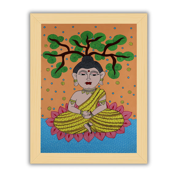 Framed artwork of a colorful buddha ji -with handmade kalamkari painting 