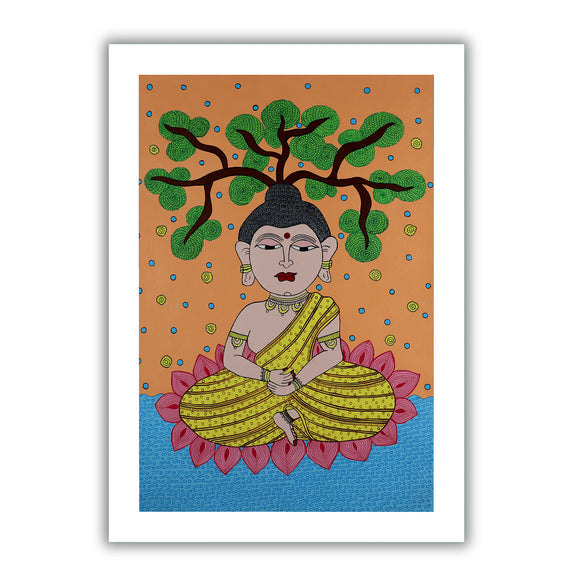 Framed artwork of a colorful buddha ji -with handmade kalamkari painting 