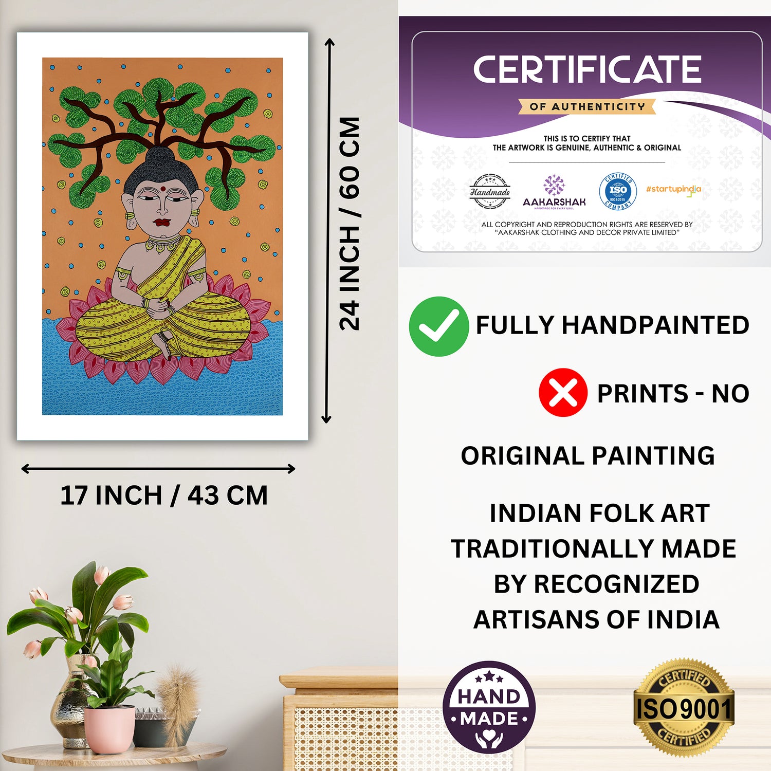 Framed artwork with dimensions, authenticity certificate and handmade iso certified-buddha kalamkari painting