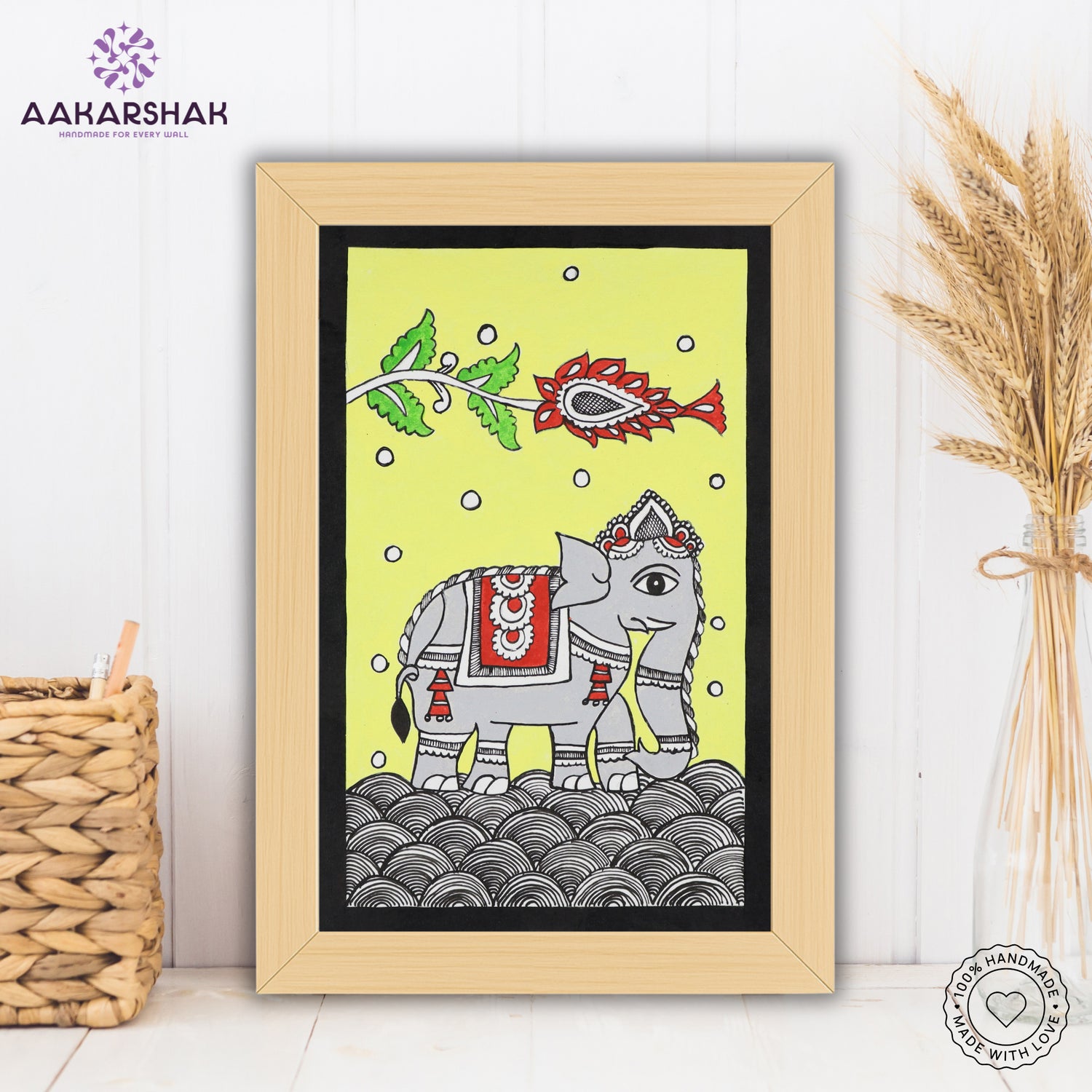 handmade kalamkari elephant painting-with tabletop stand for home decor

