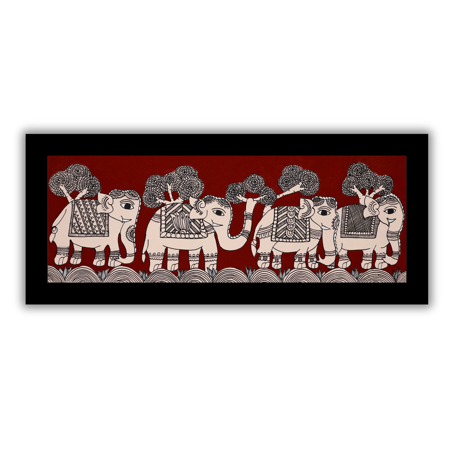 Handmade Kalamkari Elephant Painting Framed  8x23  Inch Wall Art