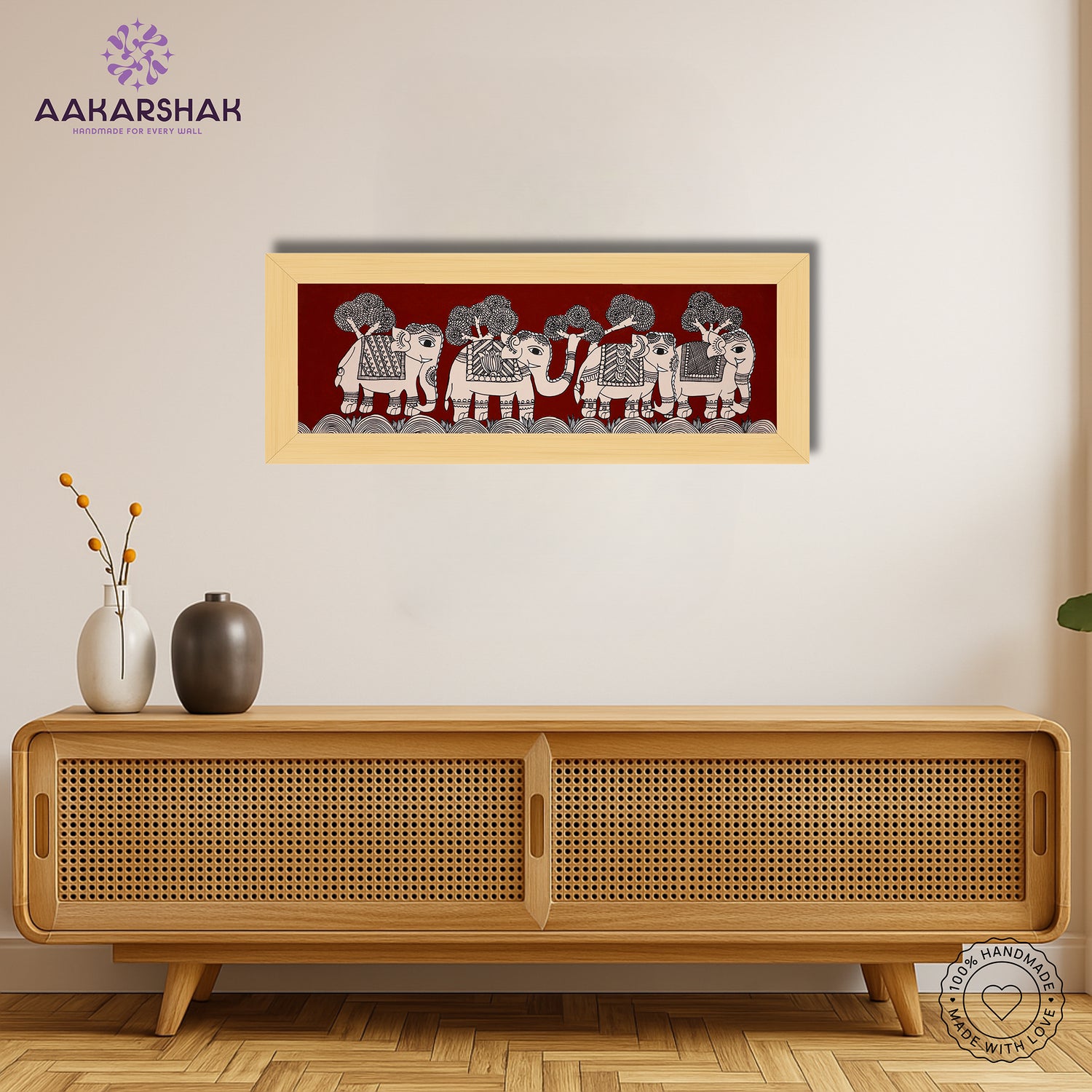 Framed artwork with elephant design -handmade kalamkari painting for home decor