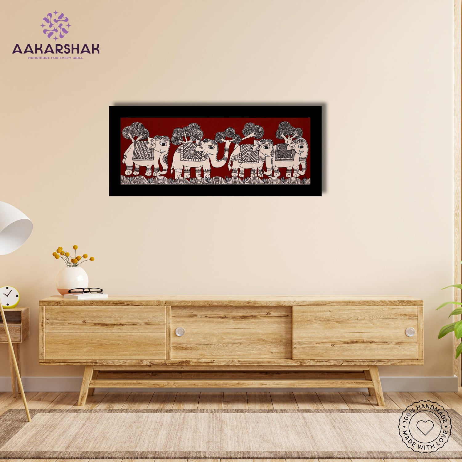 Framed artwork with elephant design -handmade kalamkari painting for home decor