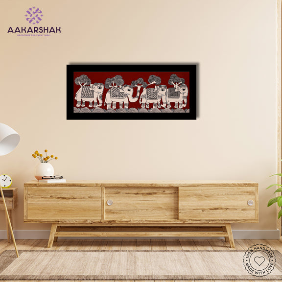 Framed artwork with elephant design -handmade kalamkari painting for home decor