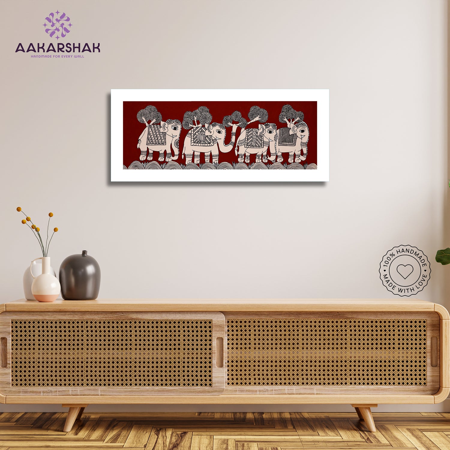Framed artwork with elephant design -handmade kalamkari painting for home decor
