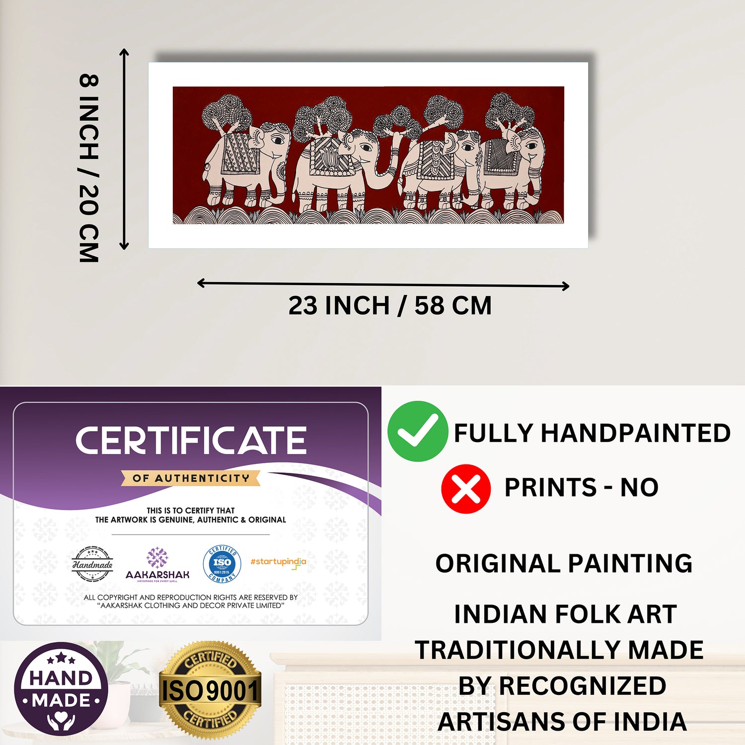 Framed artwork with dimensions, authenticity certificate and handmade iso certified-elephant kalamkari painting