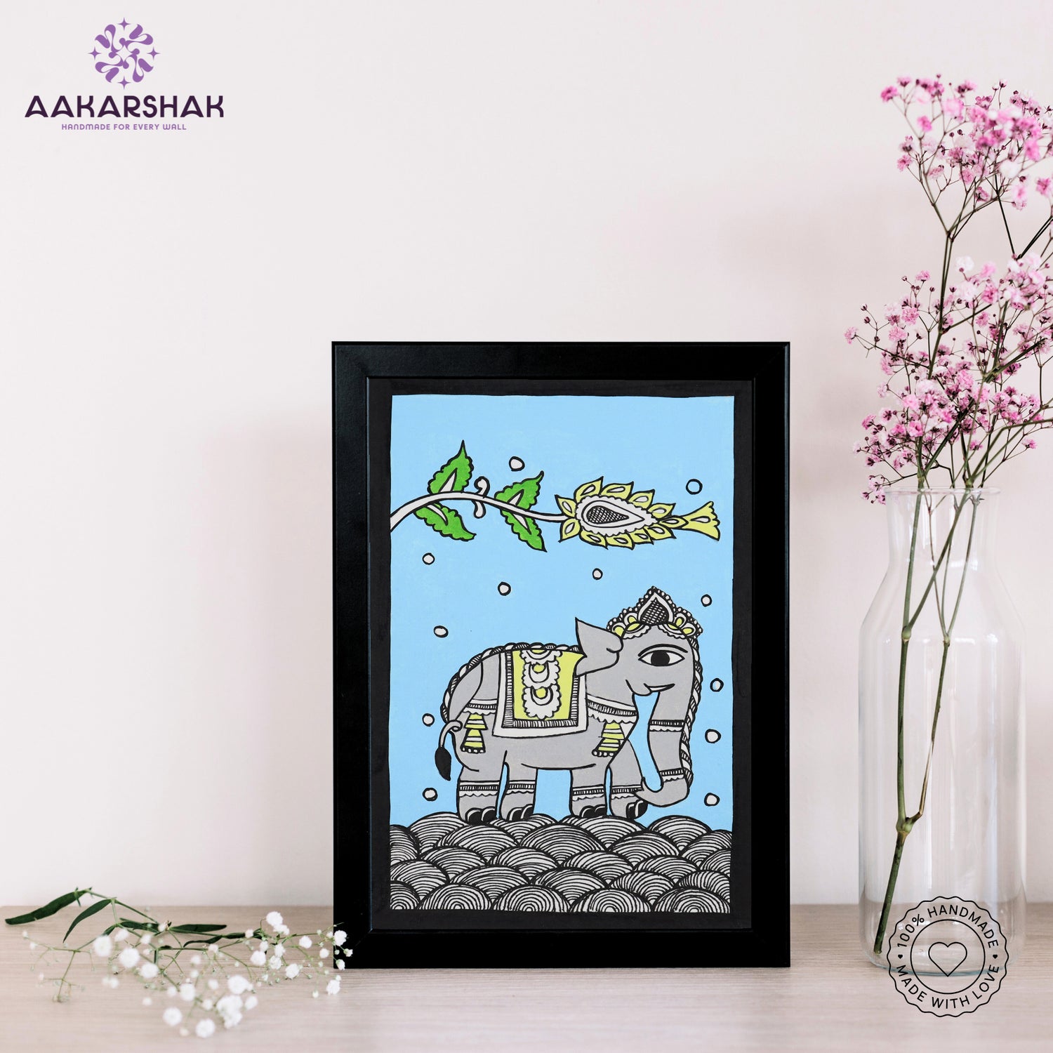 handmade kalamkari elephant painting-with tabletop stand for home decor
