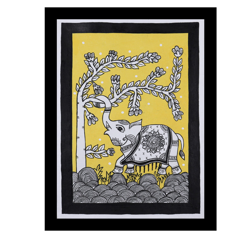 Framed artwork of a colorful elephant -with handmade kalamkari painting 