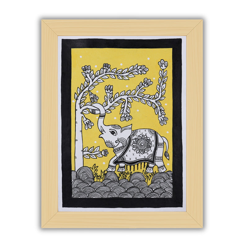 Framed artwork of a colorful elephant -with handmade kalamkari painting 