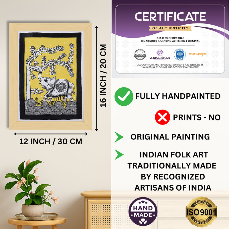 Framed artwork with dimensions, authenticity certificate and handmade iso certified-elephant kalamkari painting