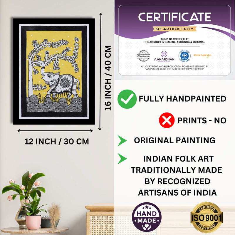 Framed artwork with dimensions, authenticity certificate and handmade iso certified-elephant kalamkari painting