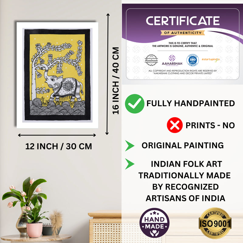 Framed artwork with dimensions, authenticity certificate and handmade iso certified-elephant kalamkari painting