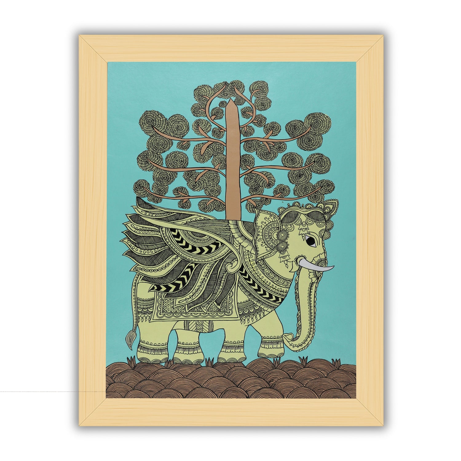 Framed artwork of a colorful elephant -with handmade kalamkari painting 