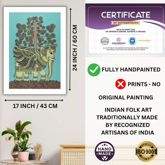 Framed artwork with dimensions, authenticity certificate and handmade iso certified-elephant kalamkari painting