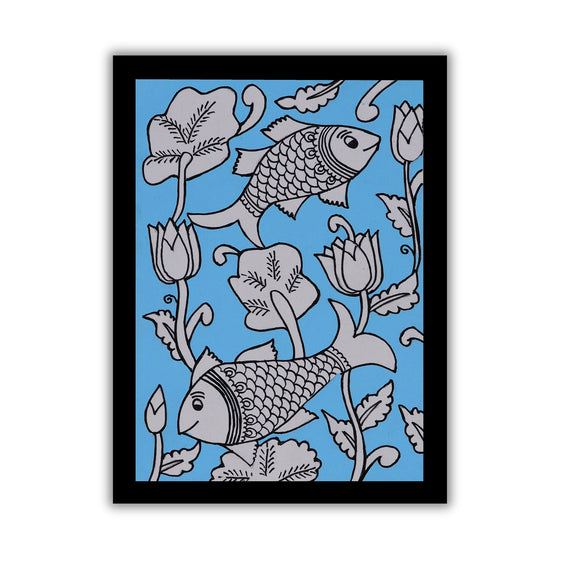 handmade kalamkari painting fish-in vibrant traditional folk art style
