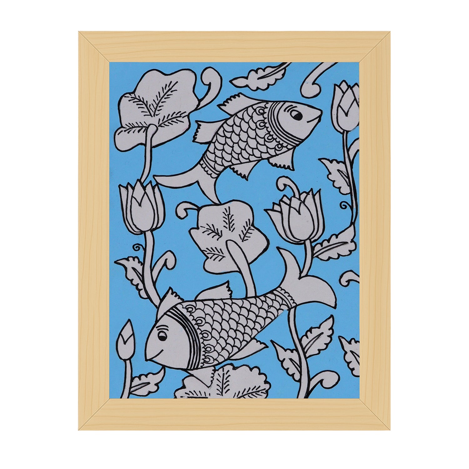 handmade kalamkari painting fish-in vibrant traditional folk art style
