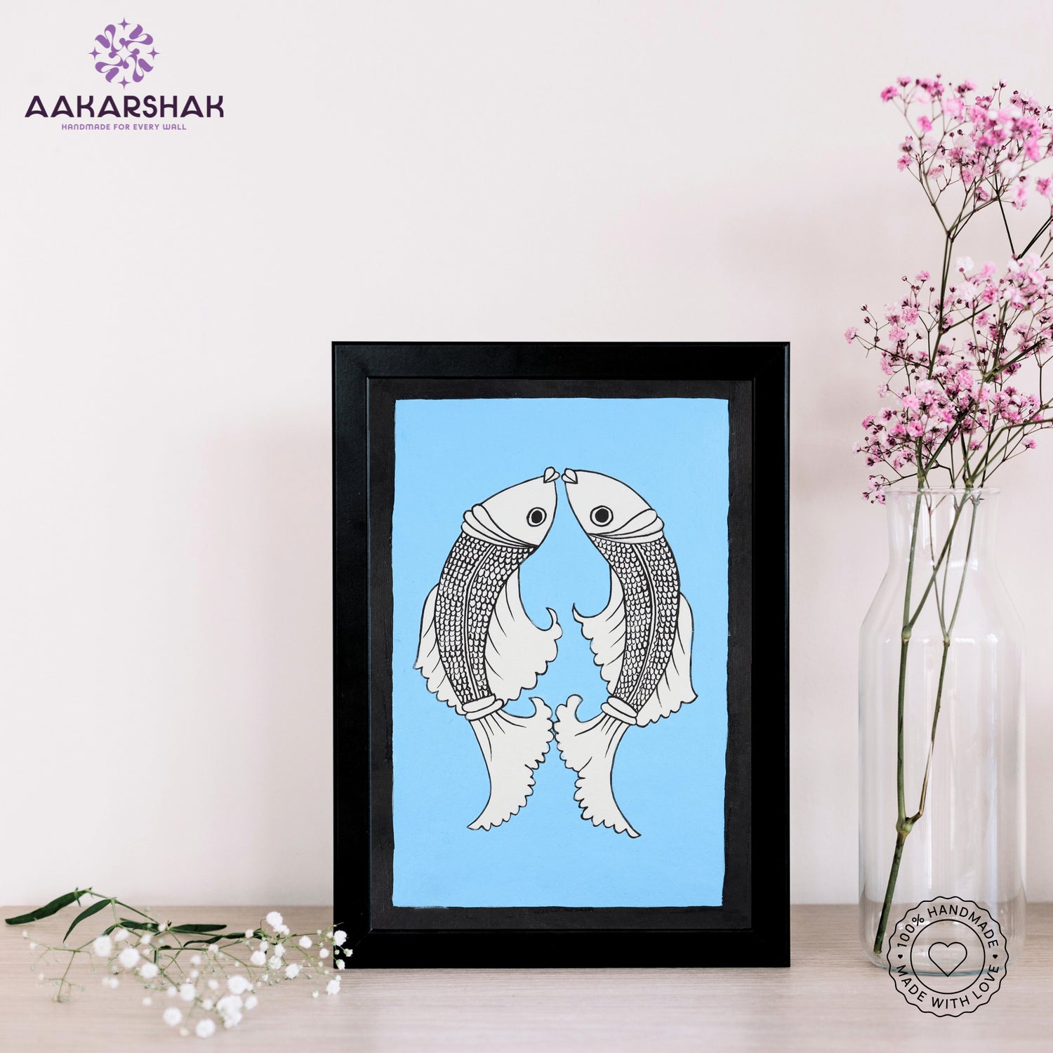 handmade kalamkari fish painting-with tabletop stand for home decor