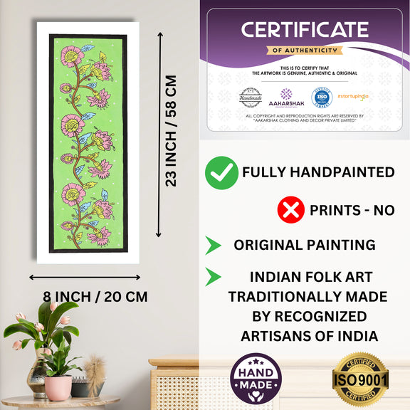 Framed artwork with dimensions, authenticity certificate and handmade iso certified-flower kalamkari painting