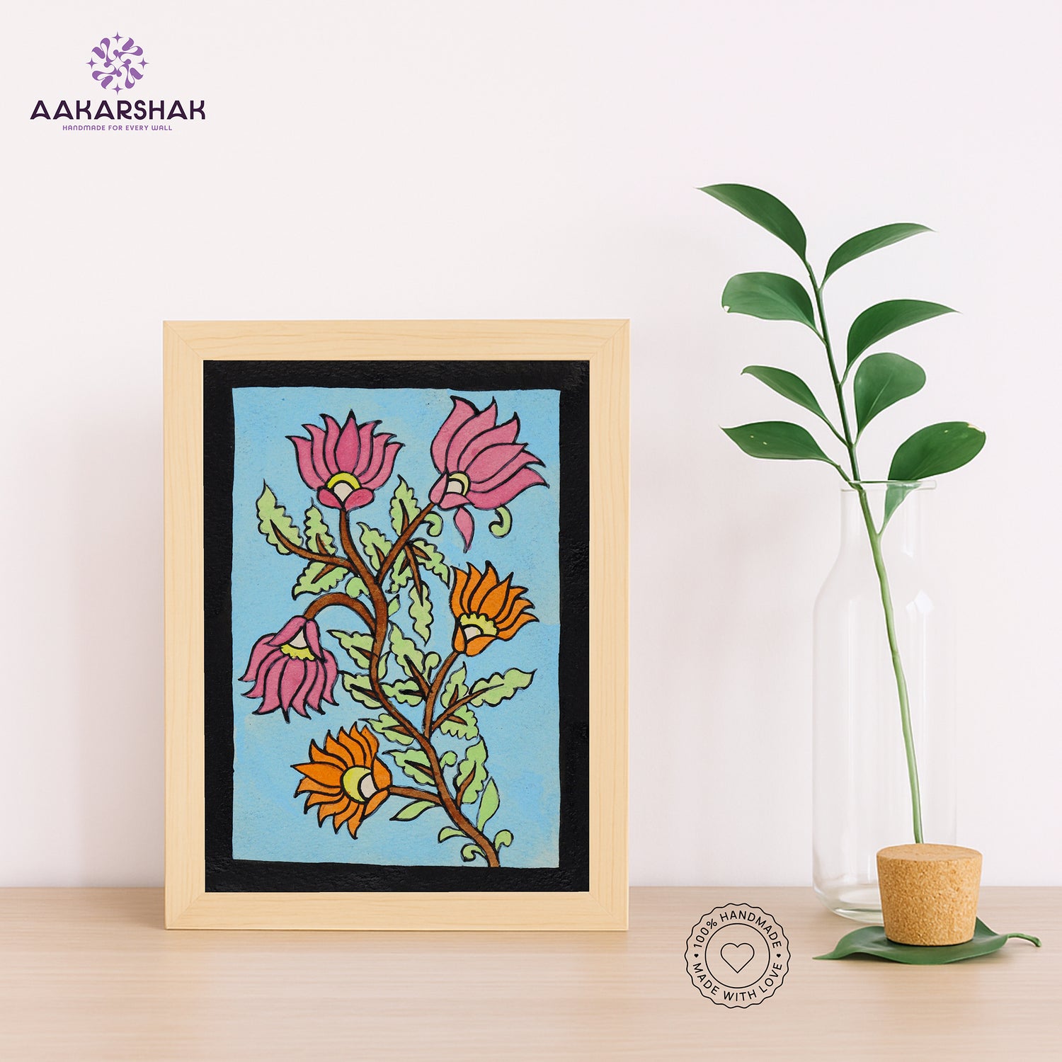 Handmade kalamkari flower painting-with tabletop stand for home decor
