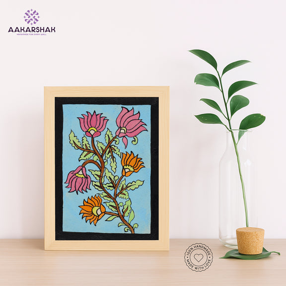Handmade kalamkari flower painting-with tabletop stand for home decor
